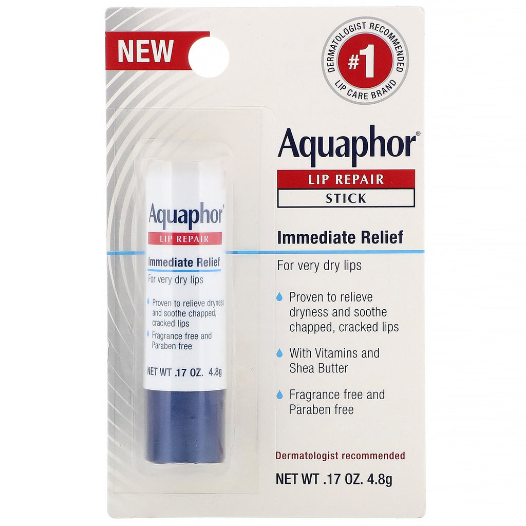 Aquaphor, Lip Repair, Stick, Immediate Relief, Fragrance Free, 1 Stick, .17 oz (4.8 g)