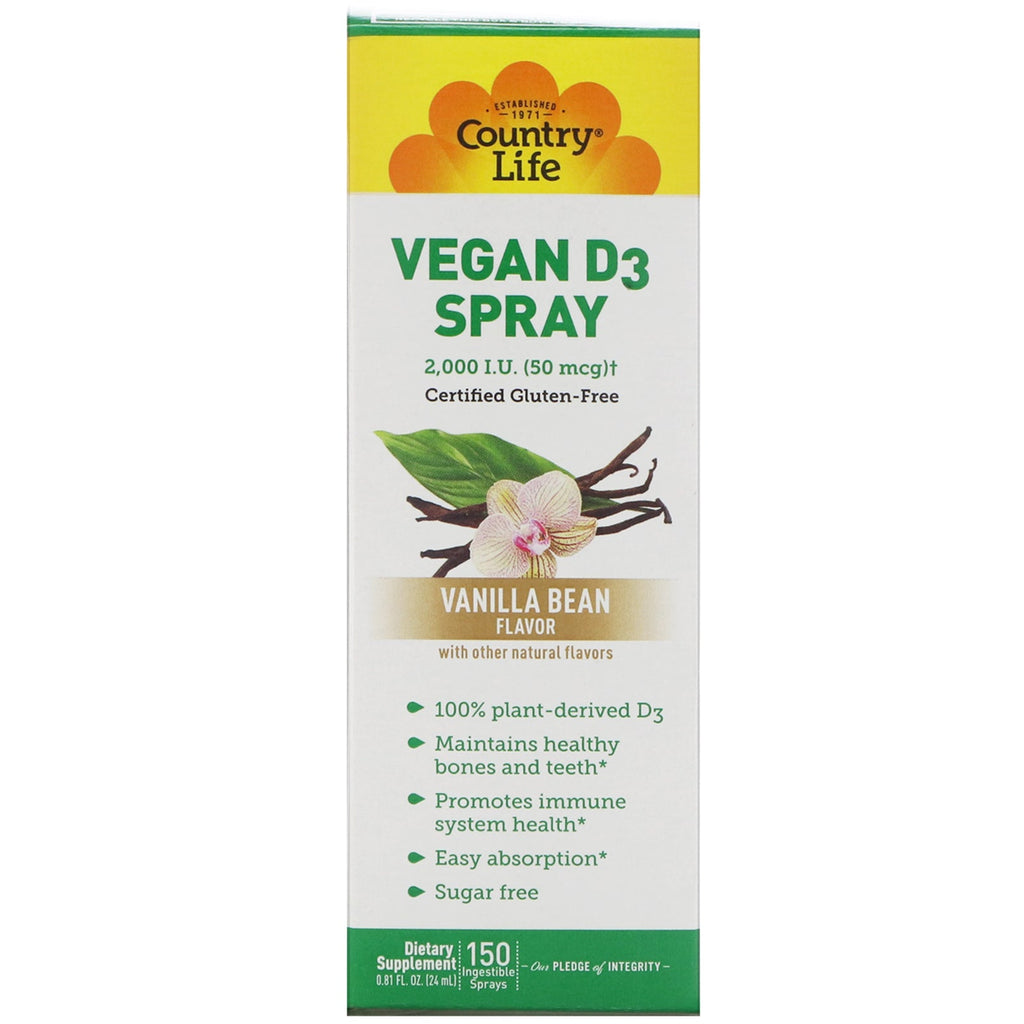 Country Life, Vitamin D3 Spray, Vanilla Bean, 50 mcg (2,000 IU), 150 Ingestible Sprays, 0.81 fl oz (24 ml)