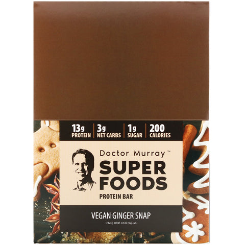 Dr. Murray's, Superfoods Protein Bars, Vegan Ginger Snap, 12 Bars, 2.05 oz (58 g) Each