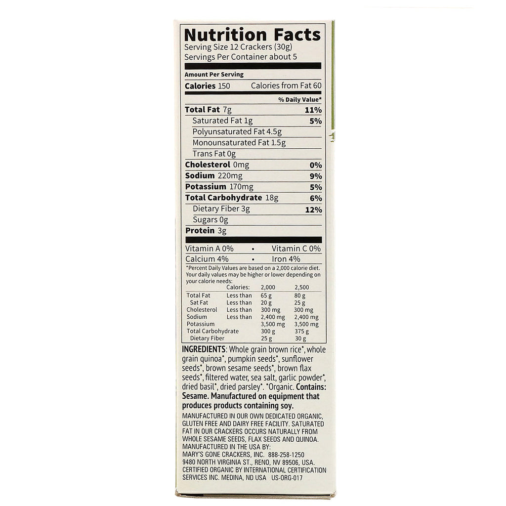 Mary's Gone Crackers, Super Seed Crackers, Basilikum &amp; Hvidløg, 5,5 oz (155 g)