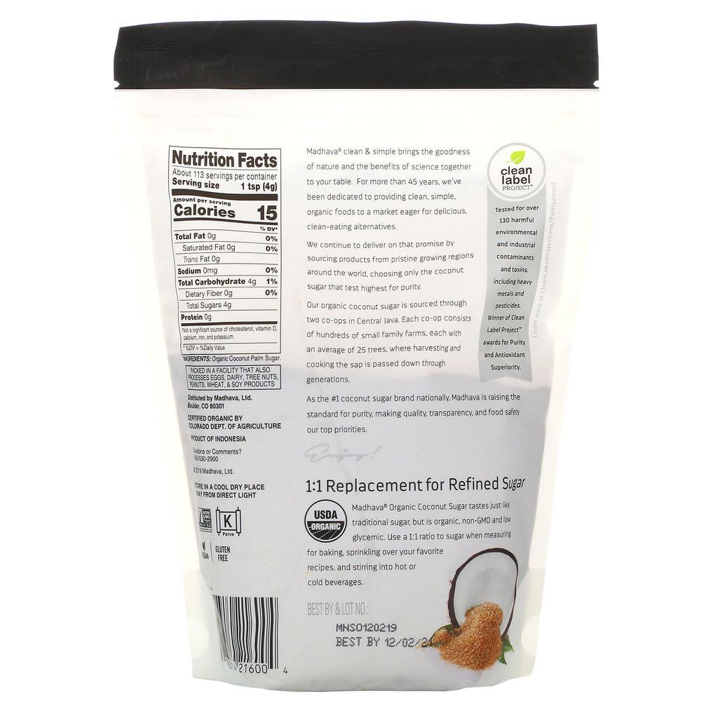 Madhava naturlige sødemidler, lækkert kokossukker, 1 lb (454 g)