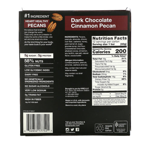 KIND Bars, Dark Chocolate Cinnamon Pecan, 12 Bars, 1.4 oz (40 g) Each