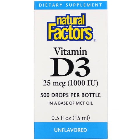 Natural Factors, Vitamin D3 Drops, Unflavored, 25 mcg (1,000 IU), 0.5 fl oz (15 ml)