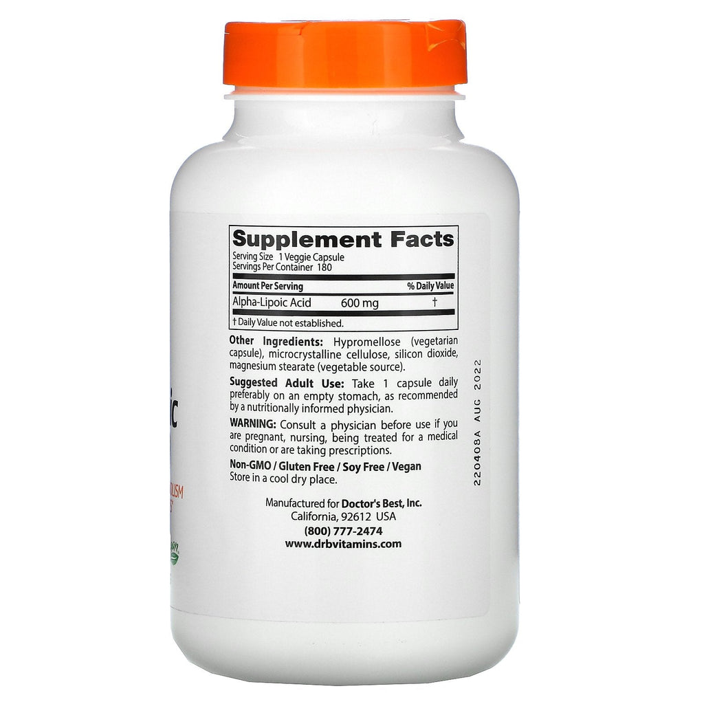 Doctor's Best, alfa-liponsyre 600, 600 mg, 180 grøntsagskapsler