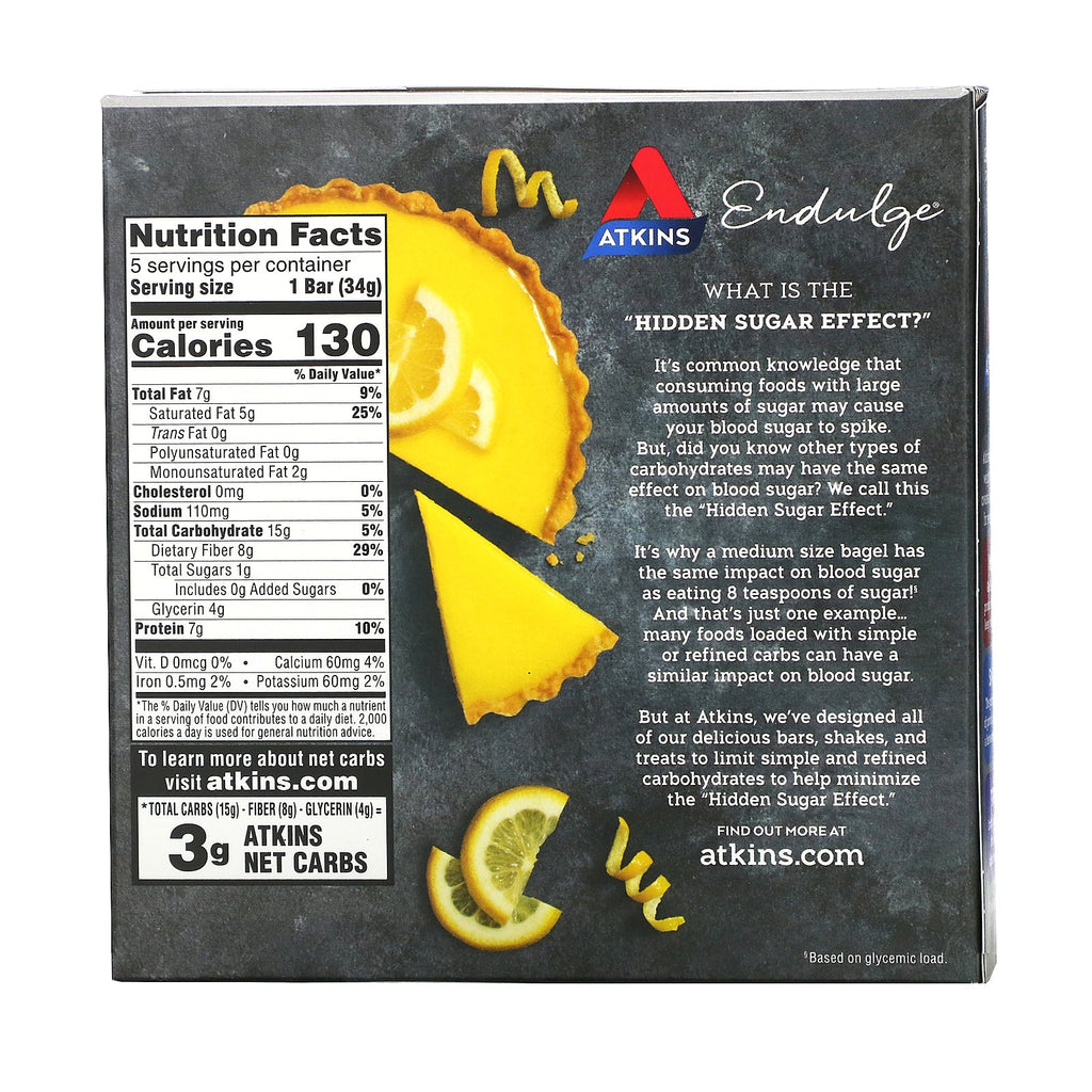 Atkins, Endulge, Lemon Tart, 5 Bars, 1.2 oz (34 g) Each