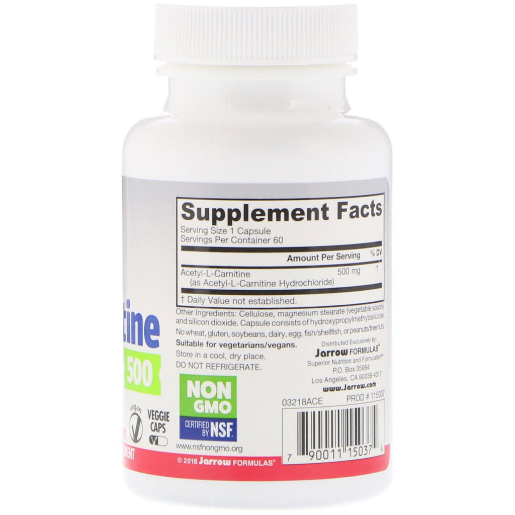 Jarrow Formulas, Acetil L-Carnitina, 500 mg, 60 cápsulas vegetales