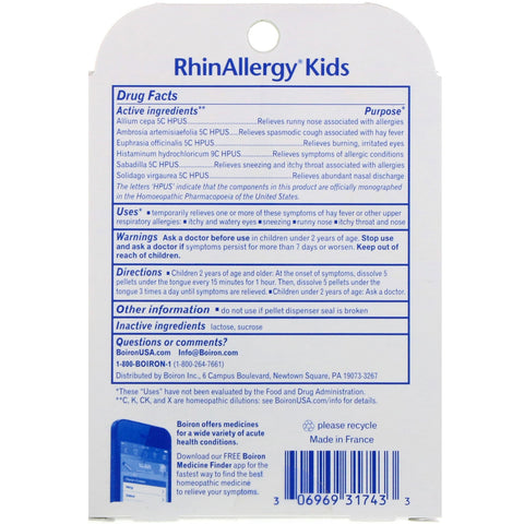 Boiron, Kids, RhinAllergy, Allergy Relief, 3 Tubes, 80 Quick-Dissolving Pellets Each