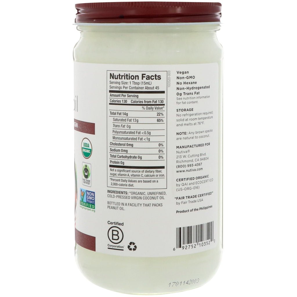 Nutiva,  Coconut Oil, Virgin, 23 fl oz (680 ml)