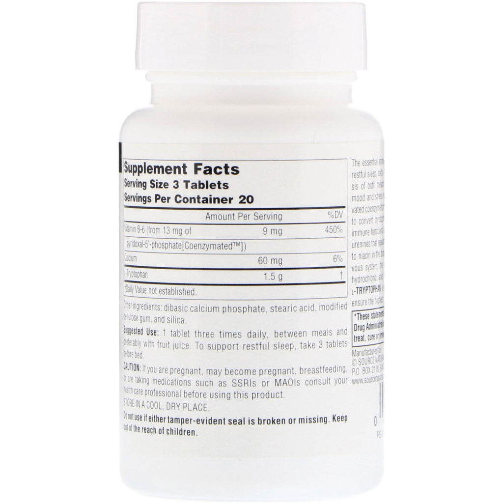 Source Naturals, L-triptófano con coenzima B-6, 500 mg, 60 tabletas