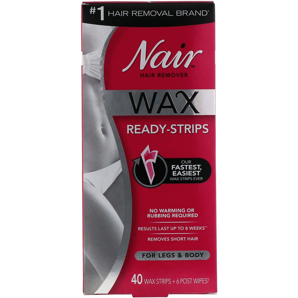 Nair, Removedor de vello, Wax Ready-Strips, para piernas y cuerpo, 40 tiras de cera + 6 toallitas para postes