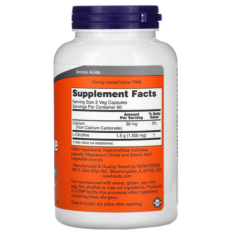 Now Foods, L-citrulina, 750 mg, 180 cápsulas vegetales