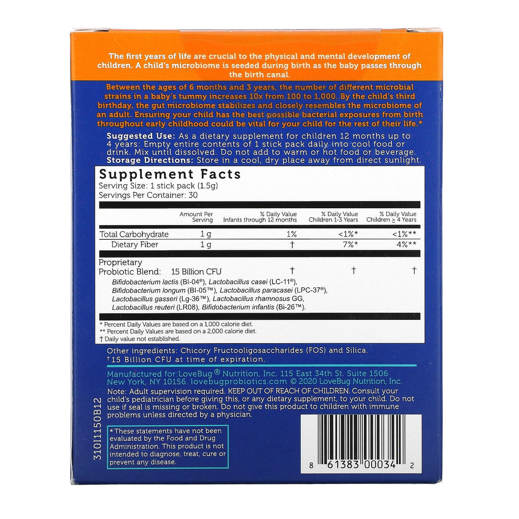 LoveBug, Toddler Probiotics, Tiny Tummies Daily Probiotic + Prebiotic, 12 Mos. Up To 4 Yrs., 30 Single Serve Stick Packs, 1.59 oz ( 45 g)