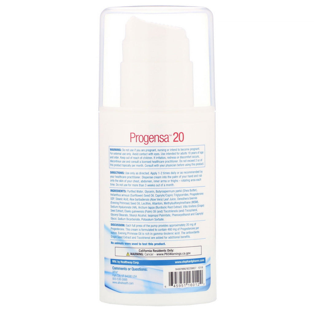AllVia, Progensa 20, Progestrone Cream, 4 oz (113 g)