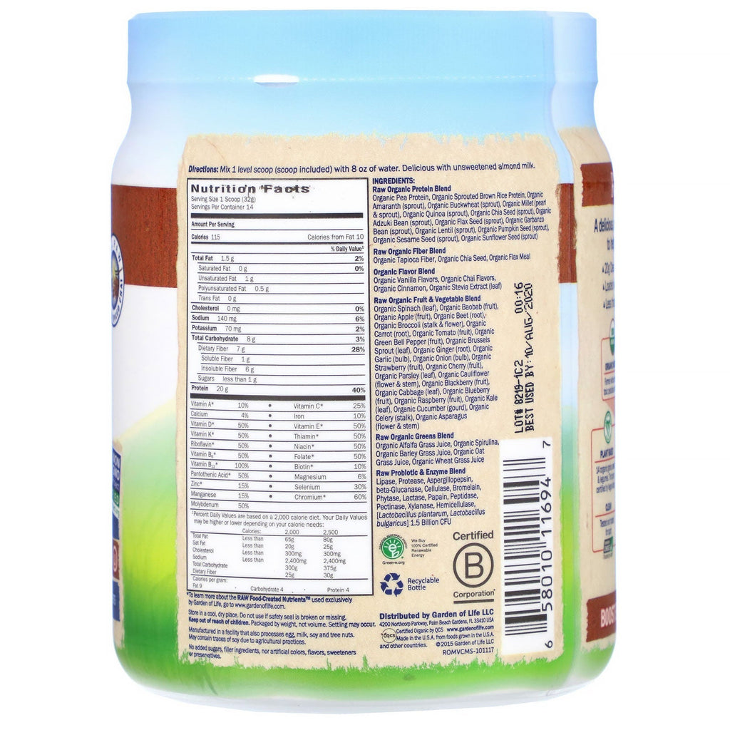 Garden of Life, RAW  Meal, Shake & Meal Replacement, Vanilla Spiced Chai, 16 oz (454 g)