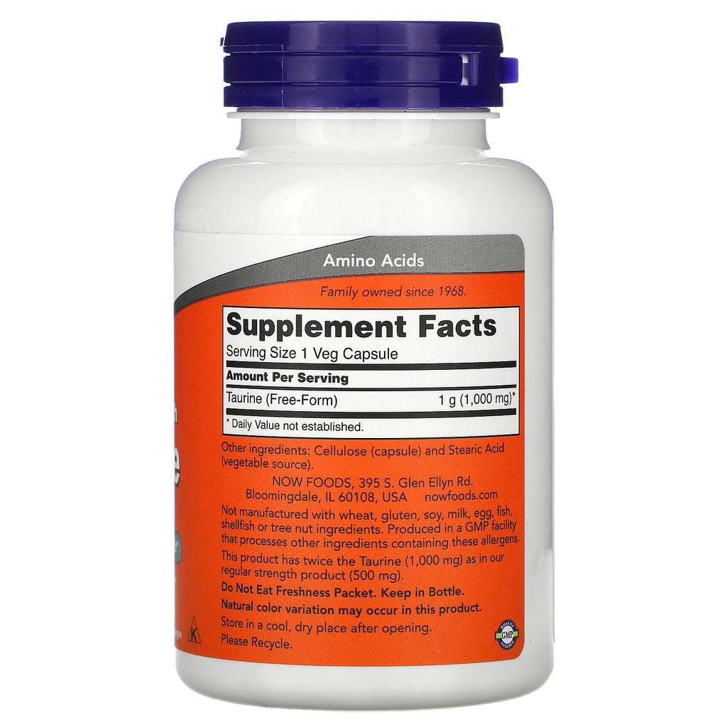 Now Foods, Taurina, doble concentración, 1000 mg, 100 cápsulas vegetales
