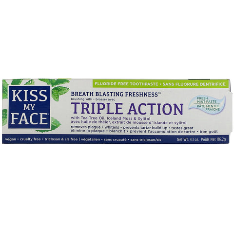 Kiss My Face, Triple Action Toothpaste with Tea Tree Oil, Iceland Moss & Xylitol, Fluoride Free, Fresh Mint, 4.1 oz (116.2 g)