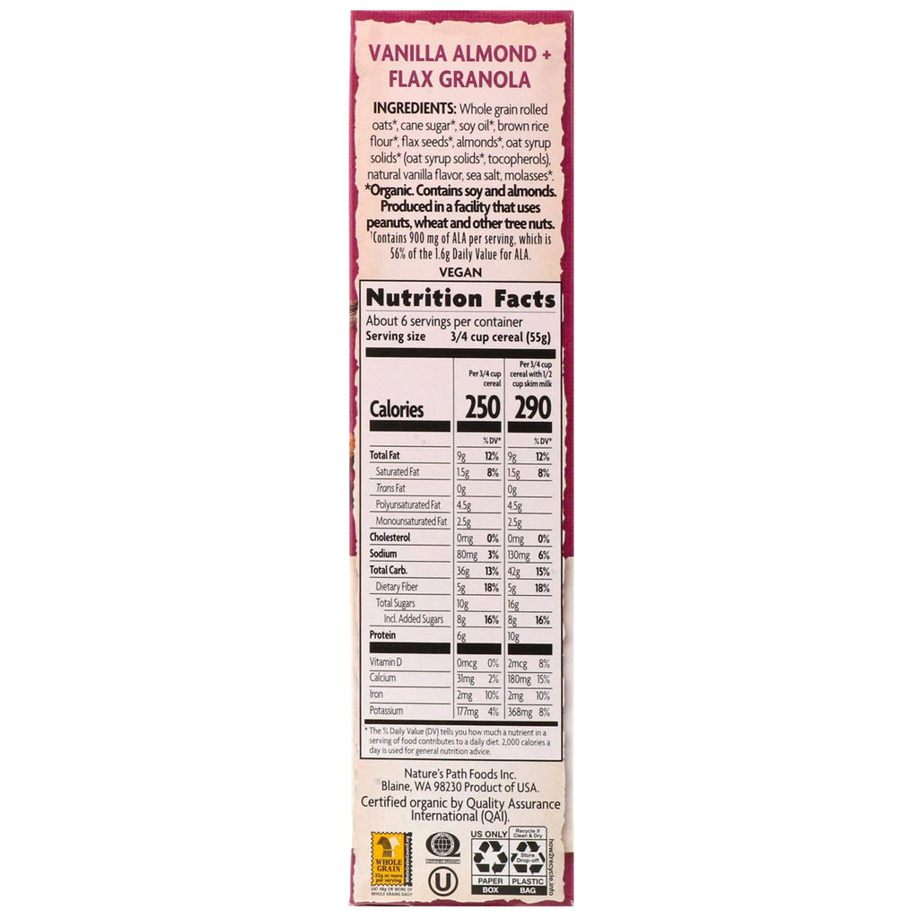 Nature's Path, , vanilje mandel + hør granola korn, 11,5 oz (325 g)