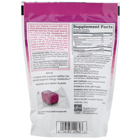 Neocell, Biotin Bursts,  Acai Berry Flavor, 10,000 mcg , 30 Soft Chews