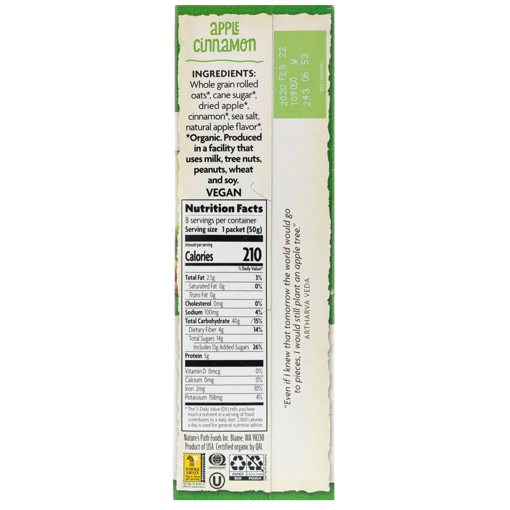 Nature's Path,  Instant Oatmeal, Apple Cinnamon, 8 Packets, 14 oz (400 g)