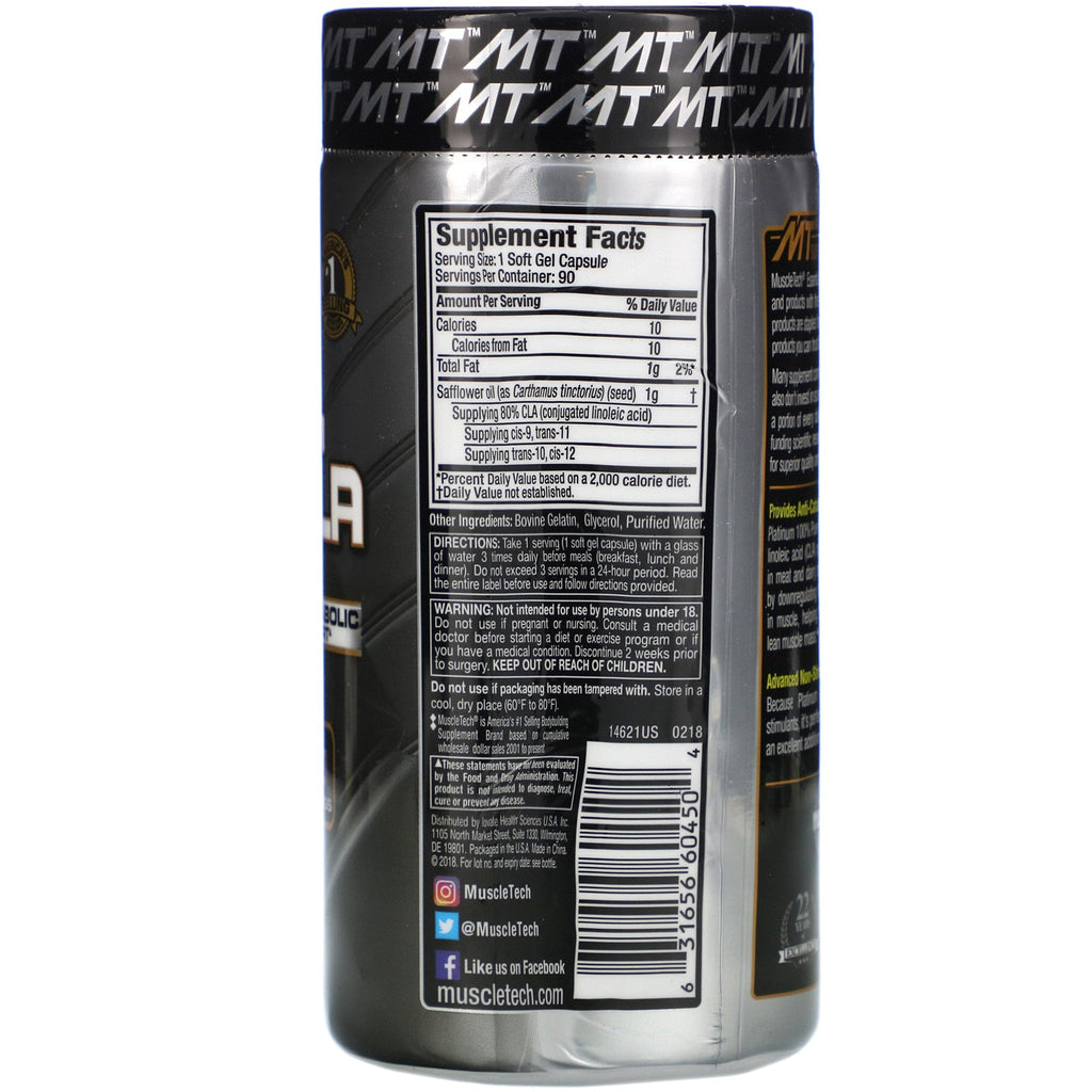 Muscletech, Essential Series, Platinum 100% Pure CLA, 800 mg, 90 Soft Gel Caps