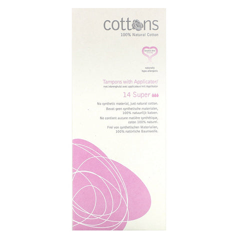 Cottons, 100% Natural Cotton, Tampons with Applicator, Super, 14 Tampons