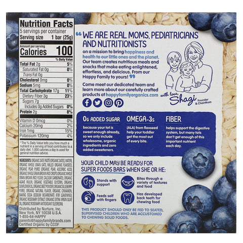 Happy Family s, s Happy Tot, Superfoods, Gluten Free Oat Bar,  Blueberries & Oatmeal, 5 Bars, 0.88 oz (25 g) Each