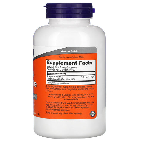 Now Foods, Acetil-L-Carnitina, 500 mg, 200 cápsulas vegetales