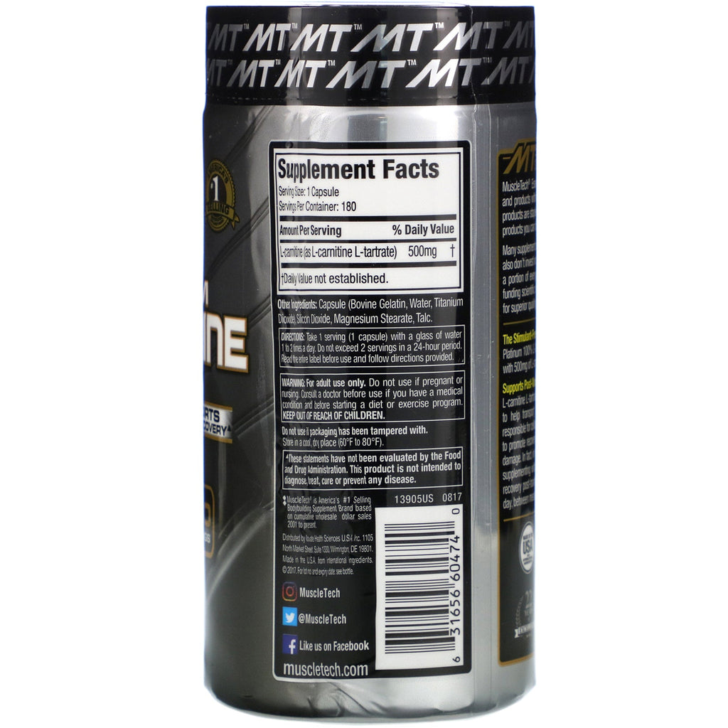 Muscletech, Serie Essential, Platino 100 % L-carnitina, 500 mg, 180 cápsulas