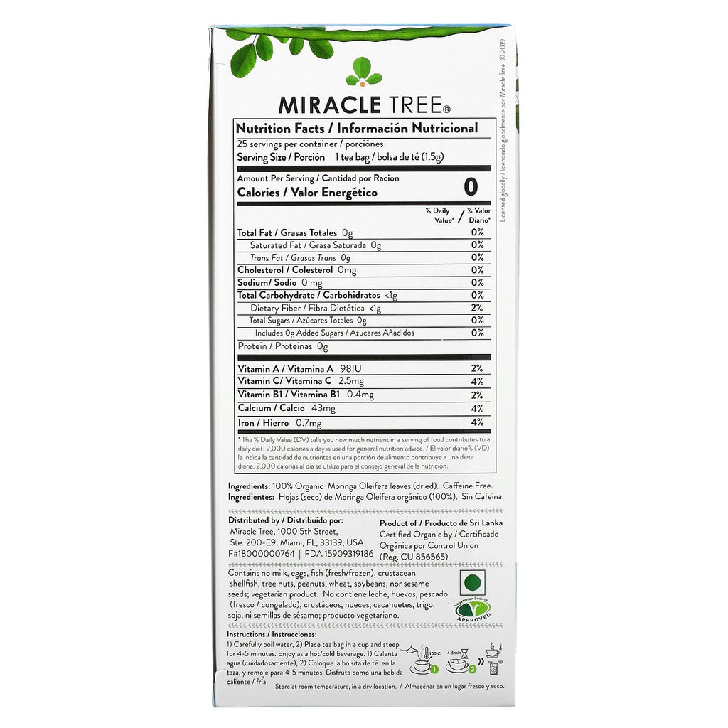 Miracle Tree, Té superalimento de moringa, original, sin cafeína, 25 bolsitas de té, 37,5 g (1,32 oz)