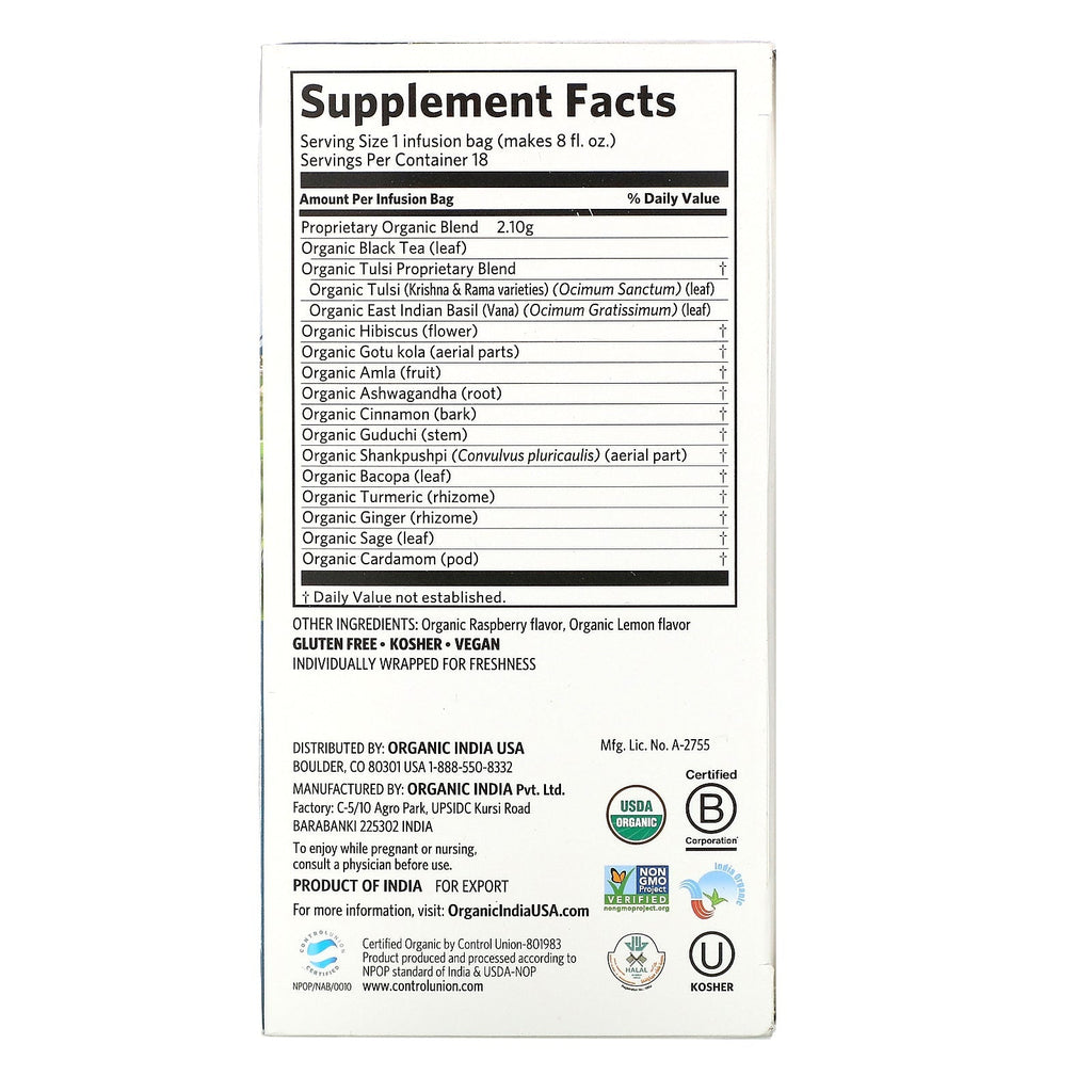 Indien, Tulsi-te, fokus, hindbærcitron, 18 infusionsposer, 36 g (1,27 oz)