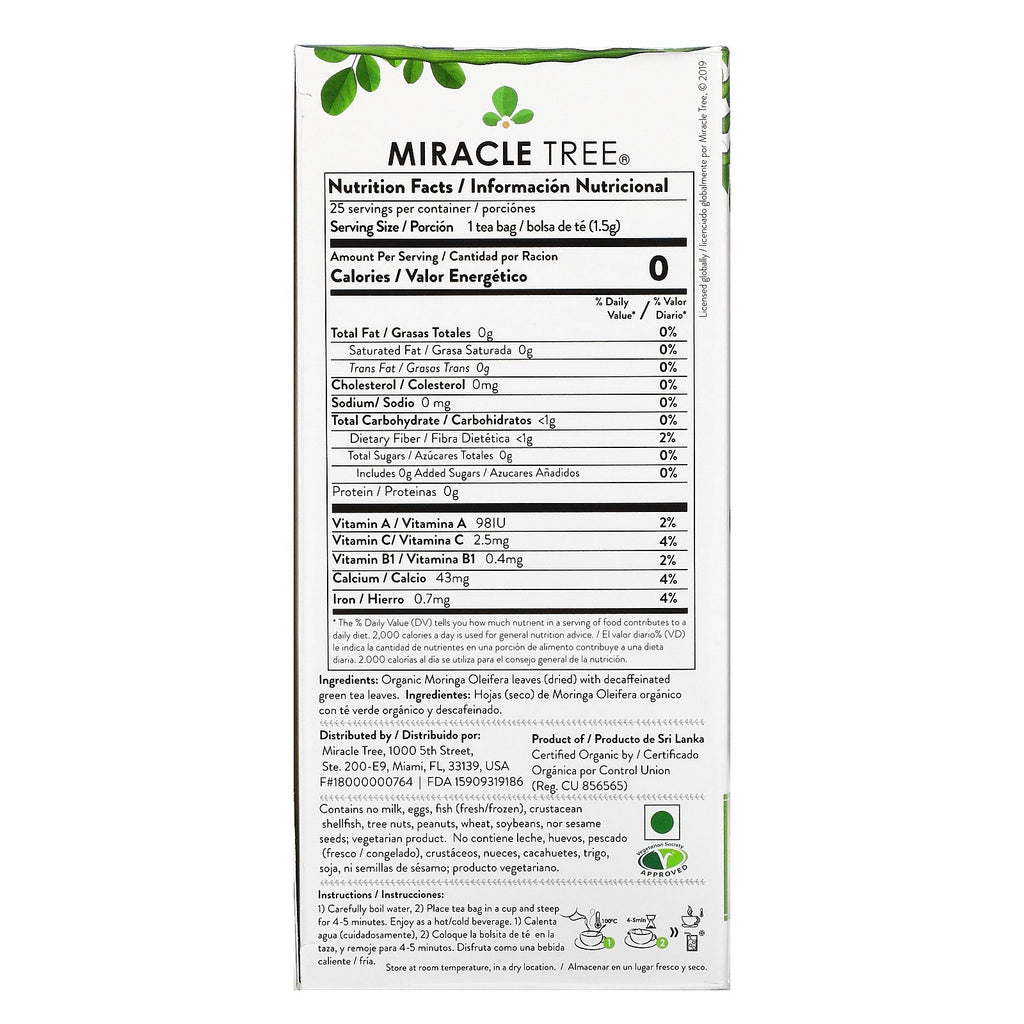 Miracle Tree, Moringa Superfood Tea, Grøn te, Koffeinfri, 25 teposer, 1,32 oz (37,5 g)