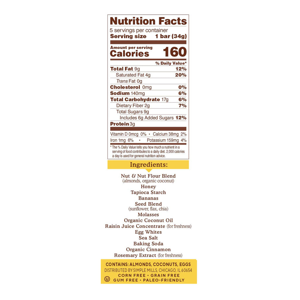 Simple Mills, Soft-Baked Almond Flour Bars, Nutty Banana Bread, 5 Bars, 1.19 oz (34 g) Each