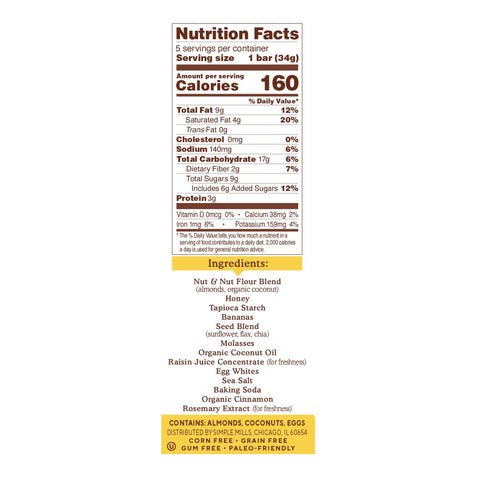 Simple Mills, Soft-Baked Almond Flour Bars, Nutty Banana Bread, 5 Bars, 1.19 oz (34 g) Each