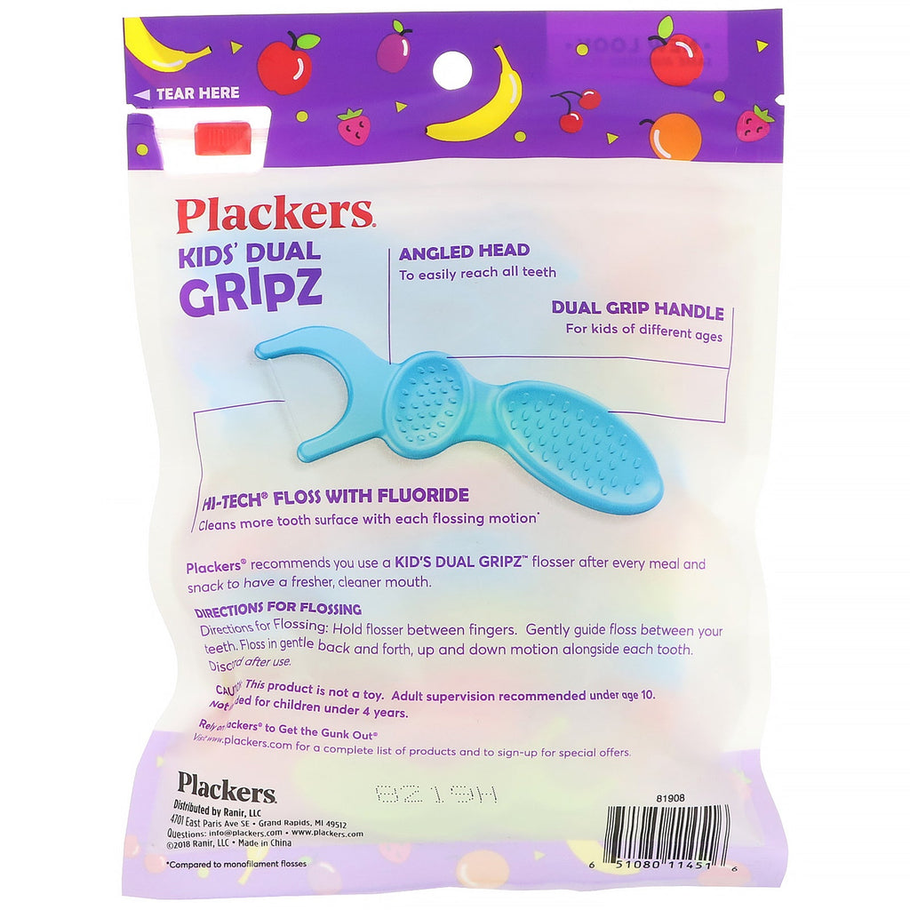 Plackers, Kid's Dual Gripz, Dental Flossers with Fluoride, Fruit Smoothie Swirl, 75 Count