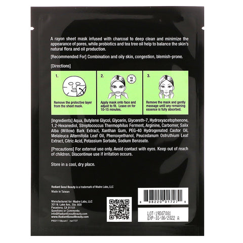 Radiant Seoul, Balancing Charcoal Sheet Mask, 1 Sheet Mask, 0.85 oz (25 ml)