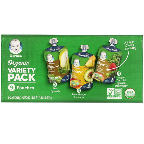 Gerber,  Variety Pack, Pear Spinach, Pear Mango Avocado, Apple Zucchini Spinach Strawberry, 9 Pouches, 3.5 oz (99 g) Each