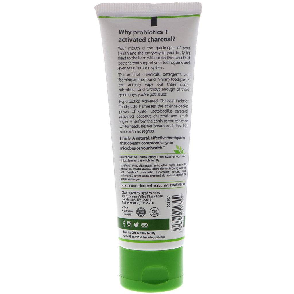 Hyperbiotics, Activated Charcoal Probiotic Toothpaste, Spearmint, 4 oz (113 g)