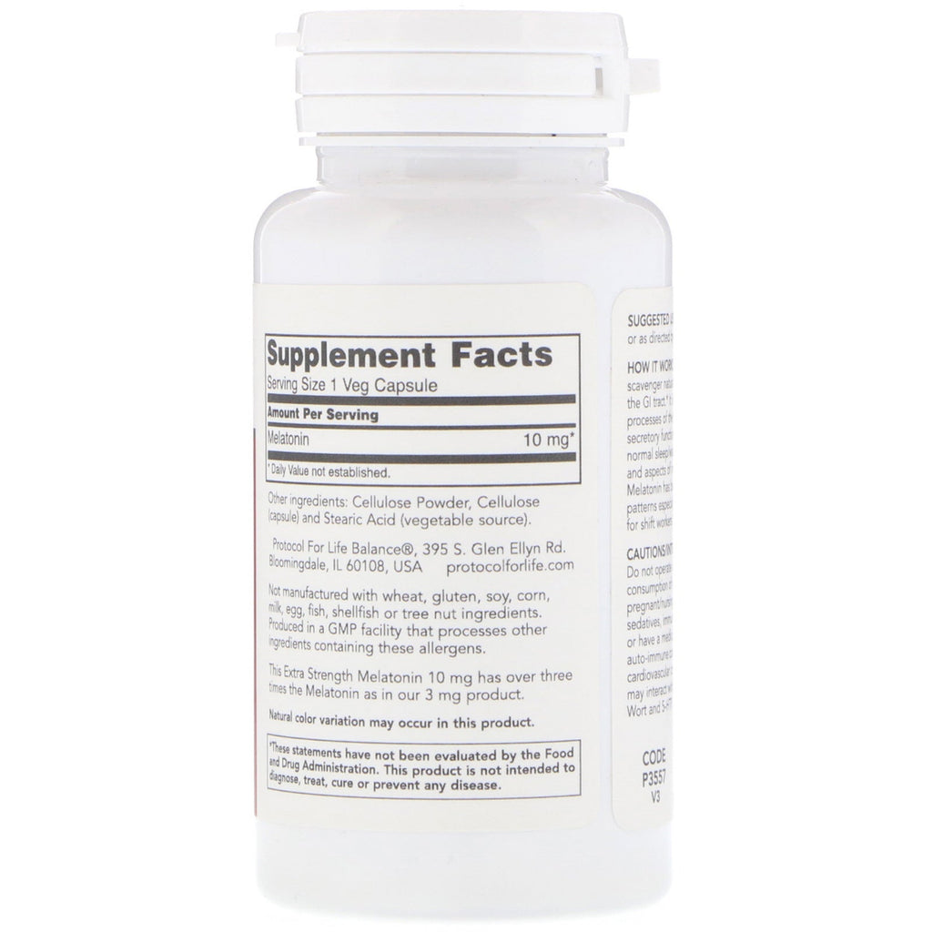 Protocol for Life Balance, Melatonin, Extra Strength, 10 mg, 100 Veg Capsules