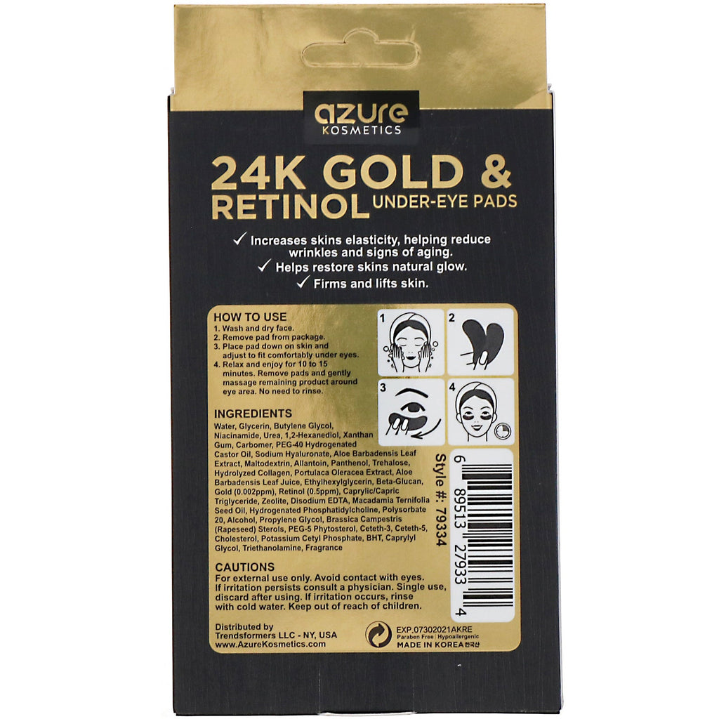 Azure Kosmetics, 24K Gold & Retinol, Under-Eye Pads, Anti-Aging, 5 Pairs