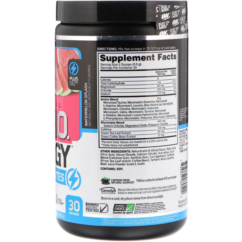 Nutrición Óptima, AMIN.O ESENCIAL. ENERGÍA + ELECTROLITOS, Salpicadura de sandía, 10,05 oz (285 g)