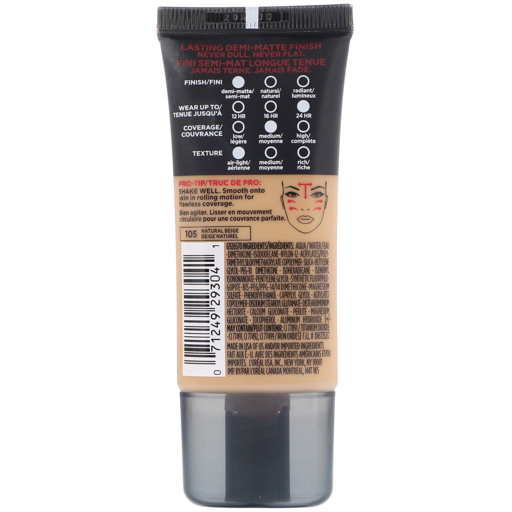 L'Oreal, Infallible Pro-Matte Foundation, 105 Natural Beige, 1 fl oz (30 ml)