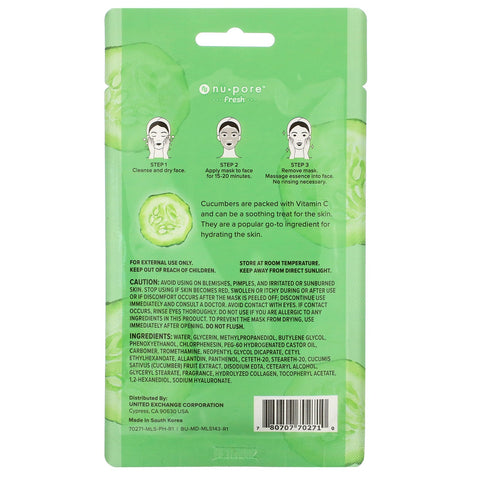 Nu-Pore, Girl's Night In Sheet Face Mask, Cucumber, 1 Sheet, 1.05 oz (29.7 g)