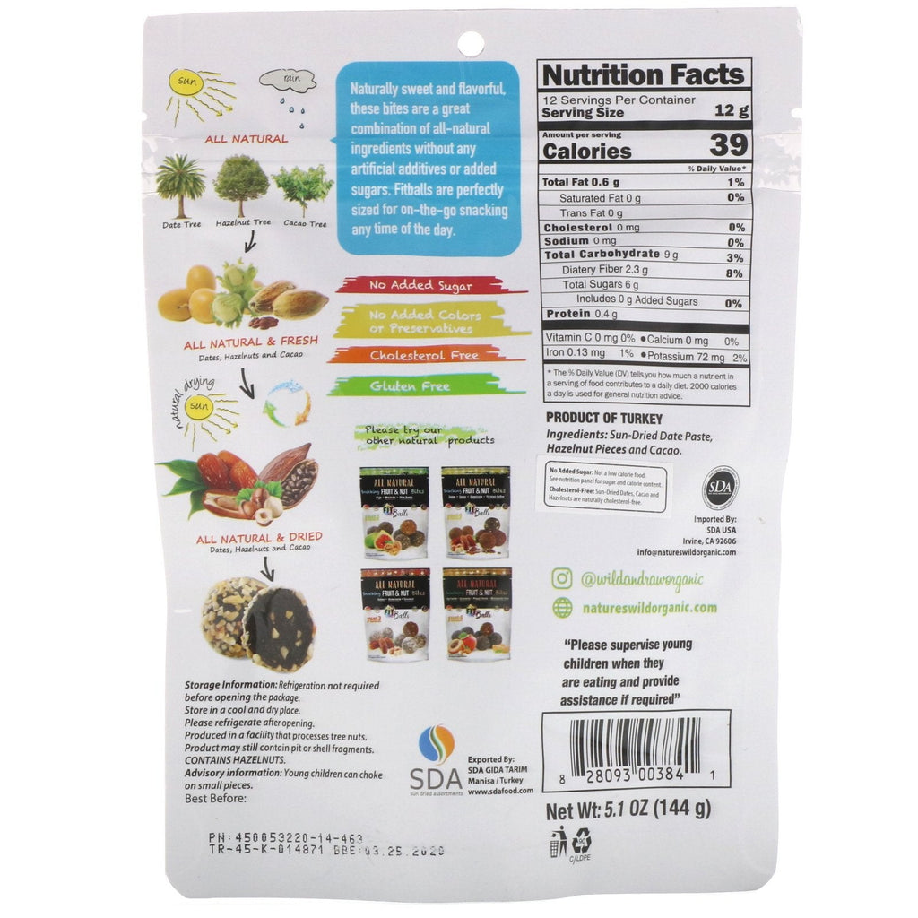 Nature's Wild , Helt naturligt, Snacking Frugt &amp; Nøddebid, Fit Bolde, Dadler + Hasselnødder + Cacao, 5,1 oz (144 g)