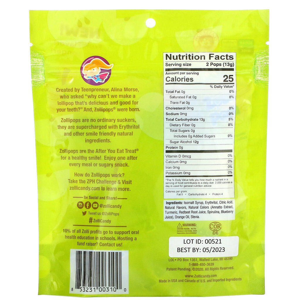 Zollipops, The Clean Teeth Pops, Green Apple, 3,1 oz