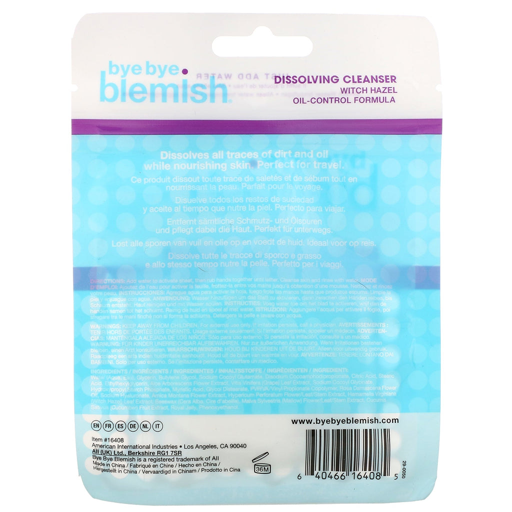 Bye Bye Blemish, Limpiador disuelto, Fórmula para controlar el aceite de hamamelis, 50 hojas, 0,3 g (0,01 oz)