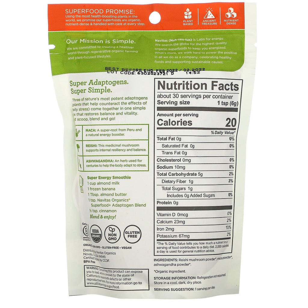 Navitas s,  Superfood+ Adaptogen Blend, Maca + Reishi + Ashwagandha, 6.3 oz (180 g)