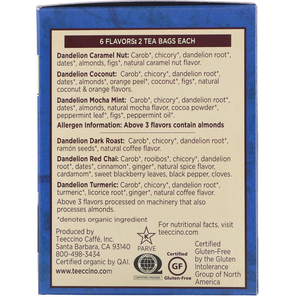 Teeccino, ristet urtete, mælkebøtte te prøveudtager, 6 smagsvarianter, koffeinfri, 12 teposer, 72 g (2,54 oz)