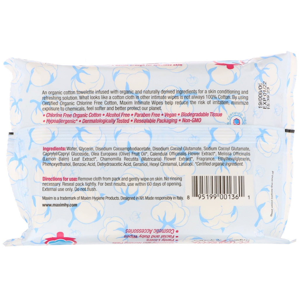 Maxim Hygiene Products, Toallitas íntimas de algodón, 20 toallitas húmedas