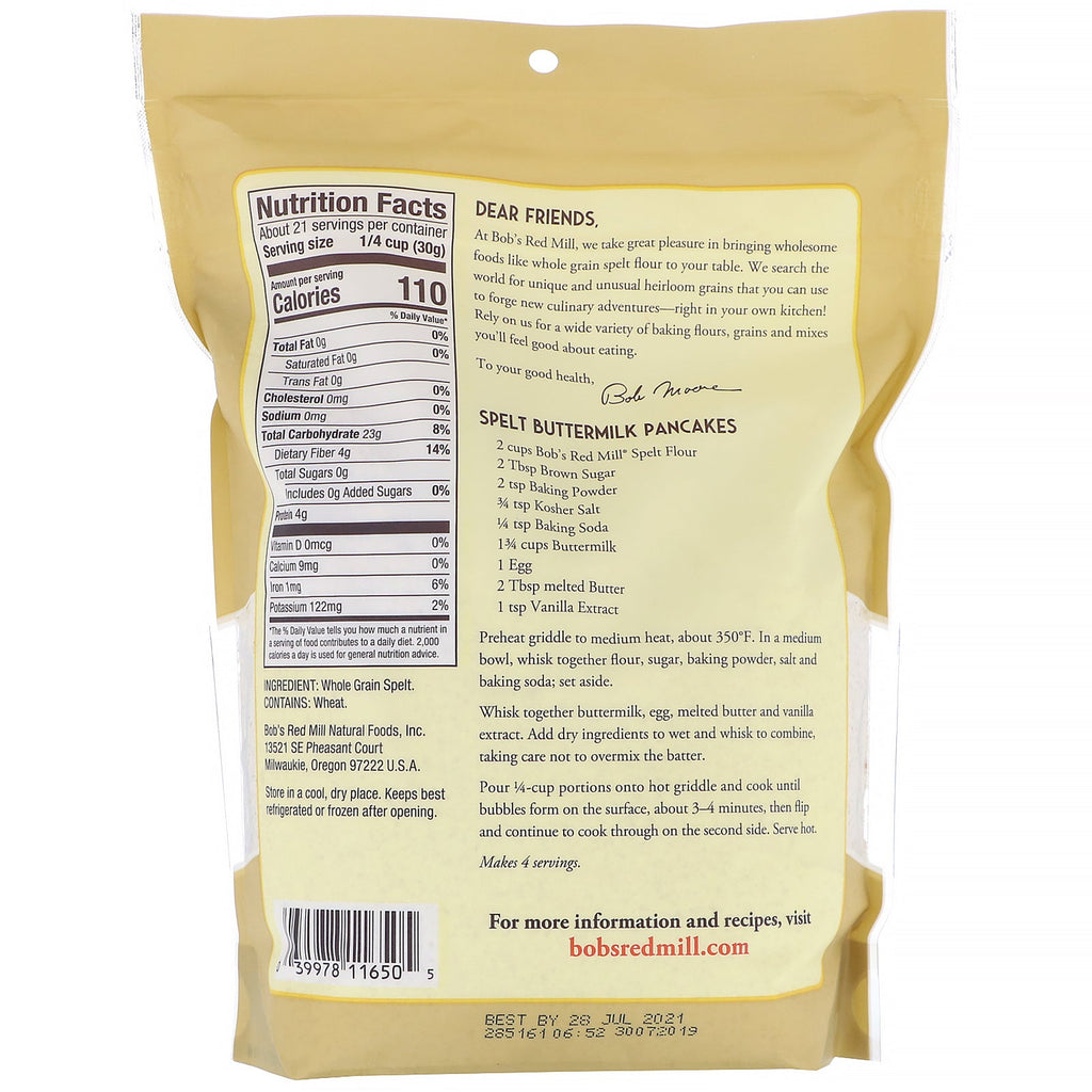 Bob's Red Mill, Spelt Flour, Whole Grain, 22 oz (624 g)