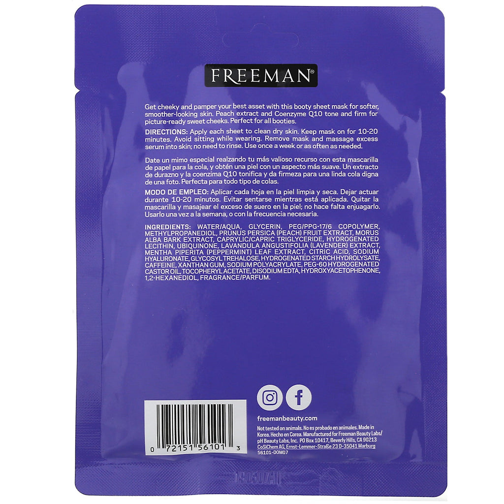 Freeman Beauty, Cheeky Butt Sheet Mask, Smoothing + Toning, 1 Pair, 1.35 fl oz (40 ml)